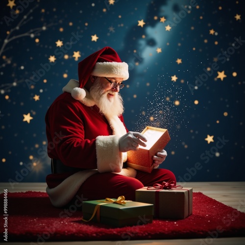 Santa opening a golden-starred Christmas present at night photo