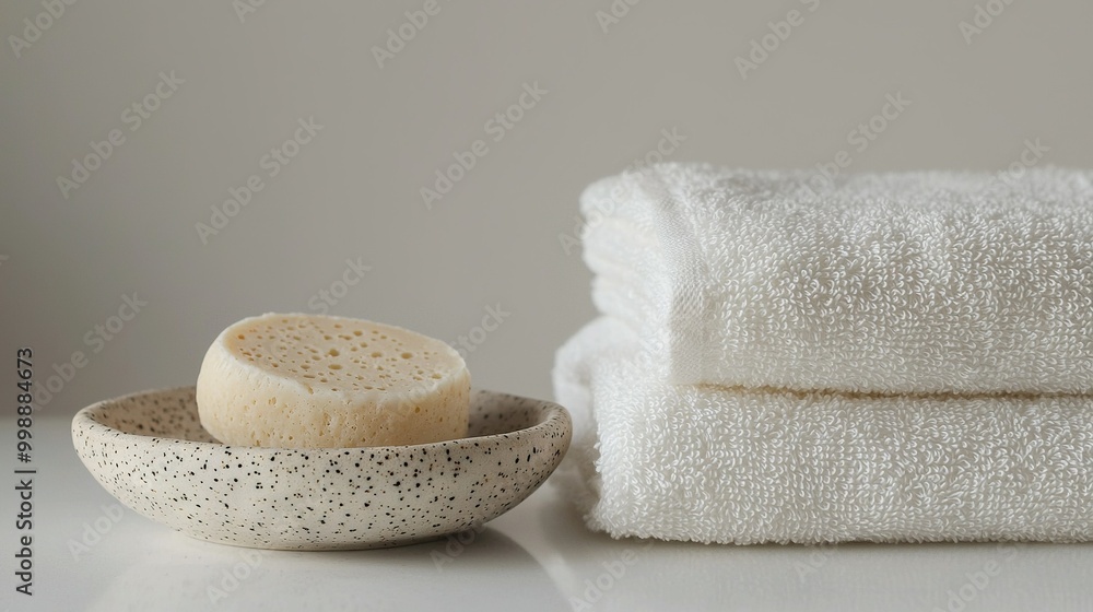 A white towel pile sits beside a soapy bowl and another white towel stack A white towel pile sits beside a soapy bowl and another white towel stack