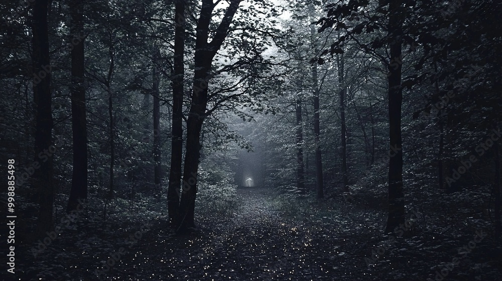 A monochrome image of a woodland trail with a distant light guiding the way A monochrome image of a woodland trail with a distant light guiding the way