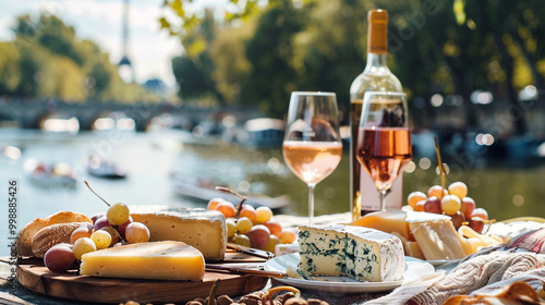 a luxurious picnic by the beautiful lake in Paris, complete with a selection of cheeses and fine wine. photo