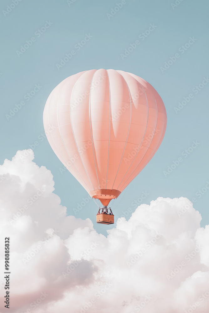 Fototapeta premium Hot air balloon floating in blue sky surrounded by soft clouds