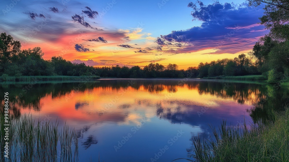 Fototapeta premium A Tranquil Lake Reflecting a Vibrant Sunset Sky