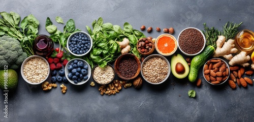 Fresh arrangement of various vegetables, fruits, and grains on a grey stone table, featuring bowls of grain , surrounded by healthy foods 