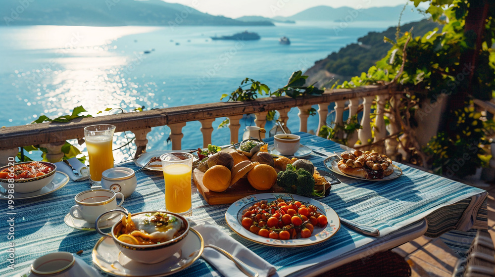 Obraz premium a Turkish breakfast with a stunning ocean view overlooking the Mediterranean Sea.