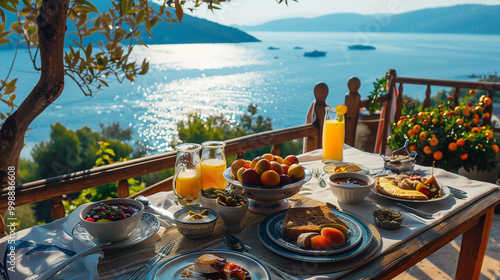 a Turkish breakfast with a stunning ocean view overlooking the Mediterranean Sea.