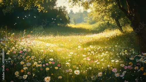 Sunlit Meadow with Wildflowers and Birds in Flight