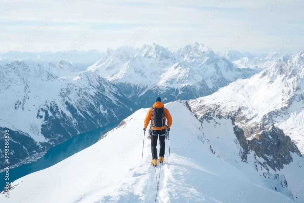 Lone mountaineer hikes along a snow covered ridge, surrounded by towering peaks Lone mountaineer hikes along a snow covered ridge, surrounded by towering peaks