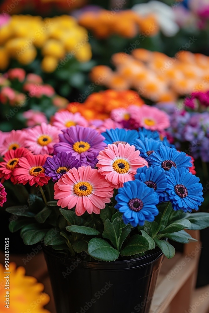 Brightly colored flowers fill the garden center, creating a cheerful and inviting atmosphere Brightly colored flowers fill the garden center, creating a cheerful and inviting atmosphere