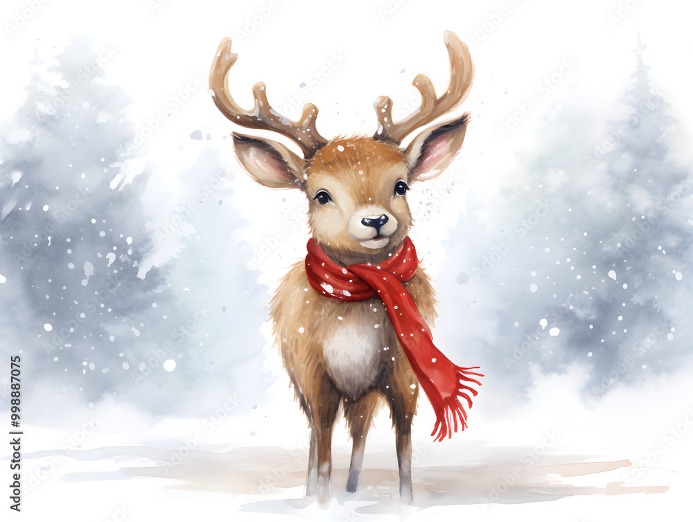 Watercolor illustration of a cute reindeer with a red Christmas hat, background with copy space Watercolor illustration of a cute reindeer with a red Christmas hat, background with copy space