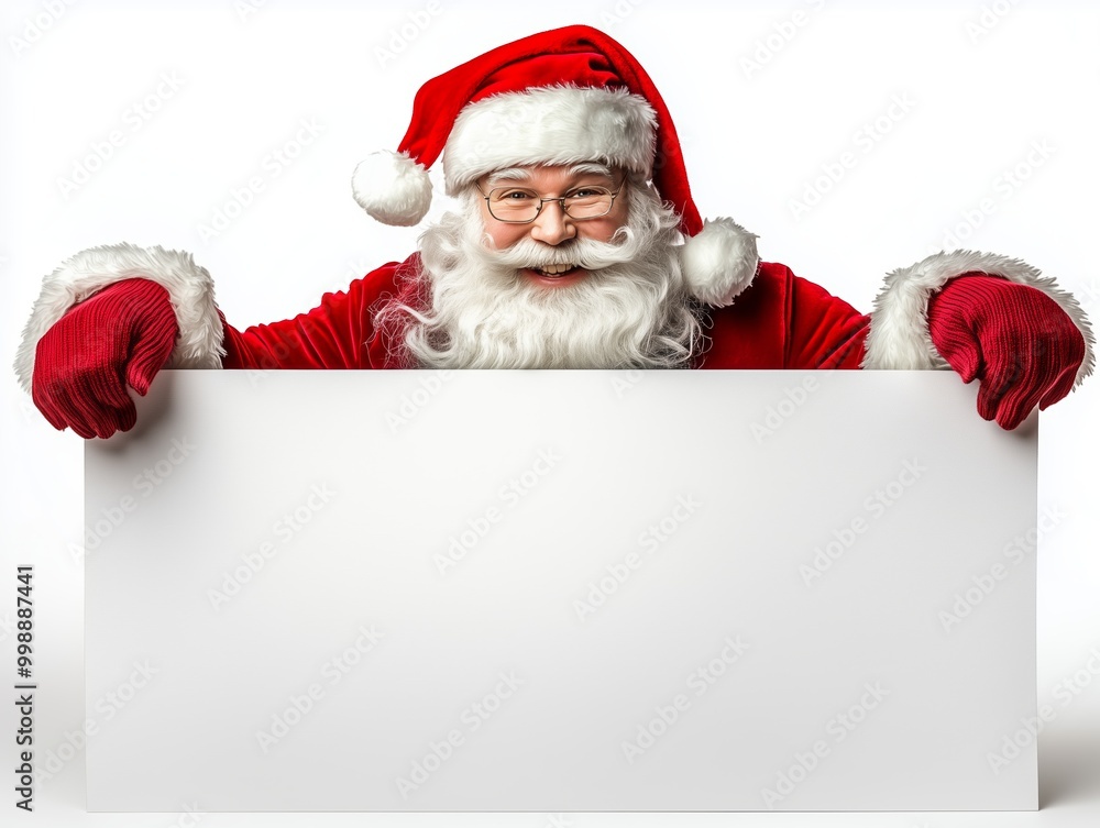 Naklejka premium Santa Claus holding a blank sign with a cheerful expression, ready for holiday messages