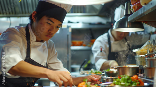 A young trainee assists the chef in preparing food for restaurant clients.