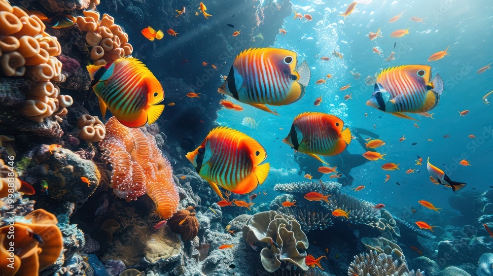 Naklejka premium Tropical fish biodiversity in coral reef. Different tropical fish on a coral reef in the Red Sea, blue sea background.