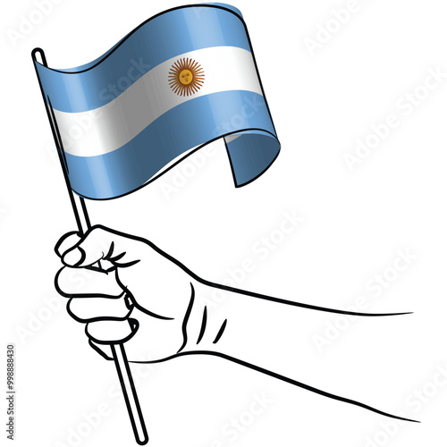 Scalable and editable eps vector Outline line stroke contour art of hand holding national waving flag of Argentina