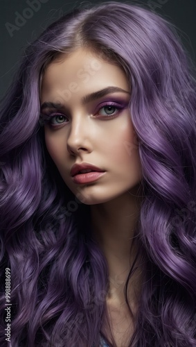 Woman with Flowing Purple Hair in Studio Portrait