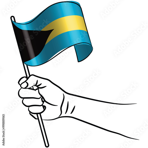 Scalable and editable eps vector Outline line stroke contour art of hand holding national waving flag of Bahamas