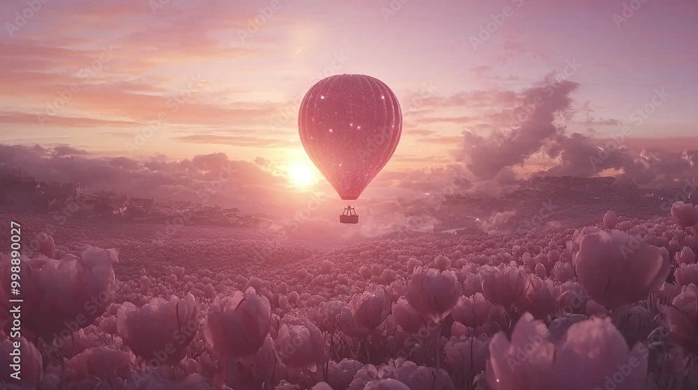 Fototapeta premium A hot air balloon soars above a field of tulips as the sun sets behind it