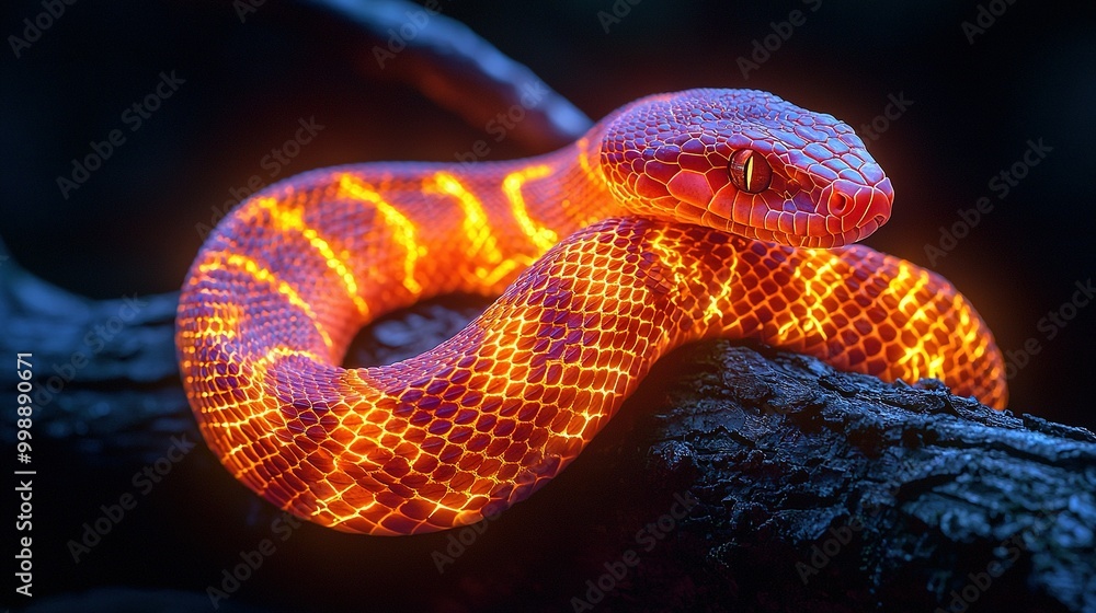 A tree branch displays a bright orange glow on a snake's body and head A tree branch displays a bright orange glow on a snake's body and head