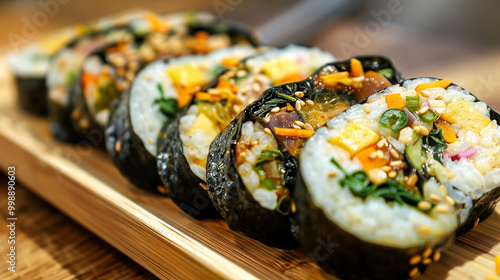 Korean roll Gimbap: A vibrant and colorful presentation of this traditional dish, perfect for capturing the essence of Korean cuisine.