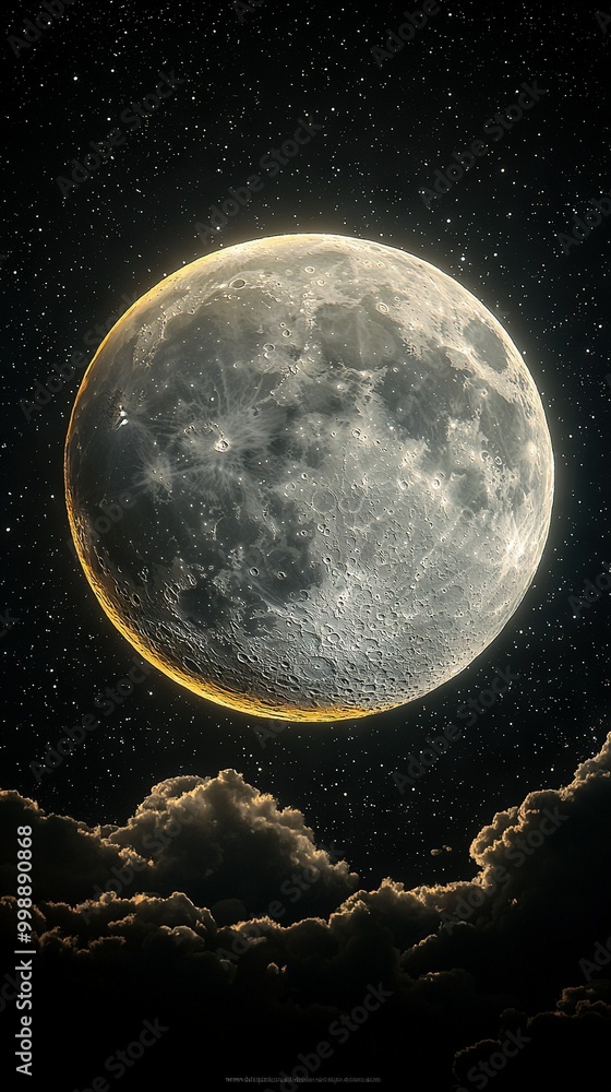 Fototapeta premium An image of a full moon in the sky with clouds in the foreground and stars in the background is commonly referred to as a nightscape It's a beautiful and peaceful scene that