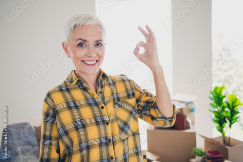 Portrait of pretty aged lady demonstrate okey symbol wear plaid shirt relocate move new flat indoors