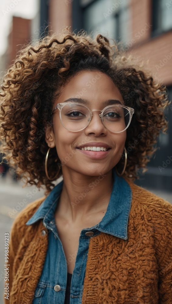Smiling woman with glasses and natural curly hair Smiling woman with glasses and natural curly hair
