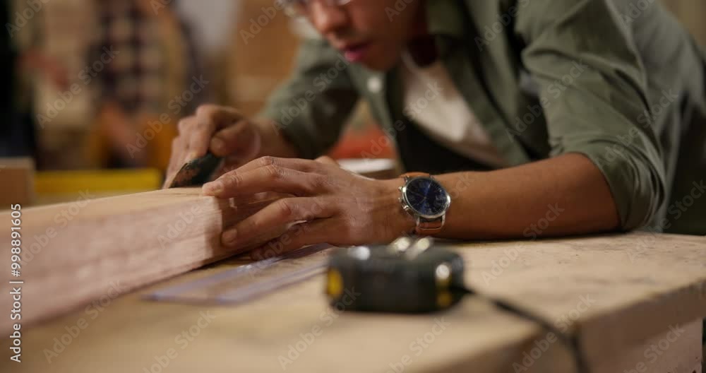 Carpenter, hands and sanding with wood beam for construction, furniture or project. Closeup of person smoothing oak with sandpaper in a creative carpentry workshop for manufacturing, art and craft Carpenter, hands and sanding with wood beam for construction, furniture or project. Closeup of person smoothing oak with sandpaper in a creative carpentry workshop for manufacturing, art and craft