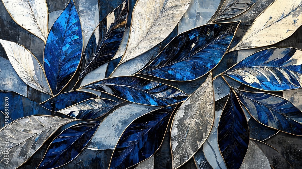 Naklejka premium blue and silver leaves on black-white background; blue sky in background