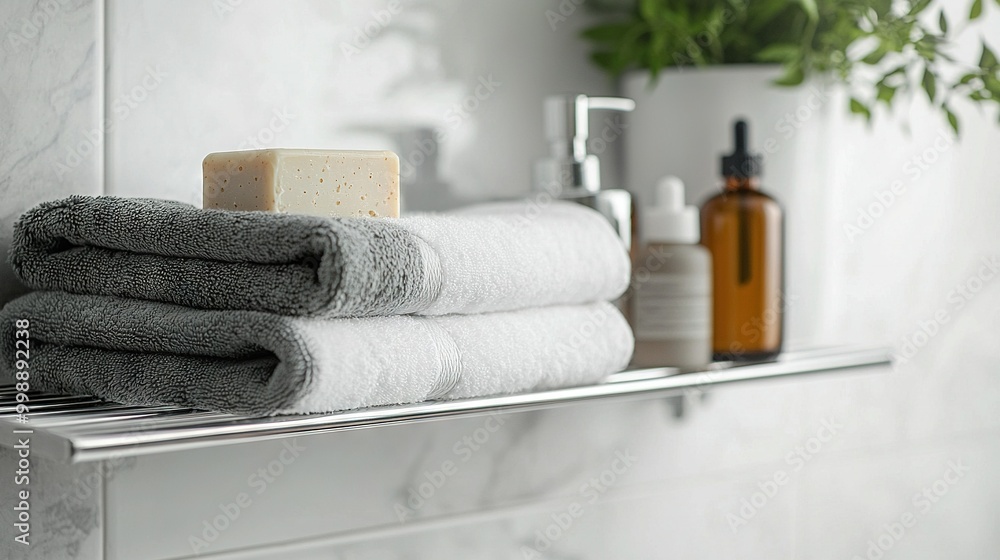 A neat pile of towels sits atop a shelf alongside a soap dispenser and vibrant plant A neat pile of towels sits atop a shelf alongside a soap dispenser and vibrant plant