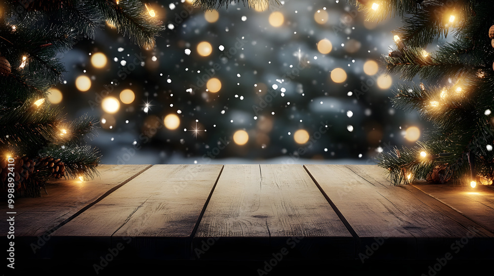 Winter Christmas product display template with empty wooden table fir branches and lights. Mockup image Winter Christmas product display template with empty wooden table fir branches and lights. Mockup image