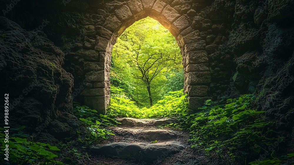 Fototapeta premium A stone wall tunnel with a bright light at its end leads to a lush green forest