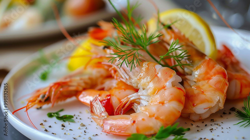 A beautifully plated shrimp dish, featuring succulent, perfectly cooked shrimp arranged artfully on plate.