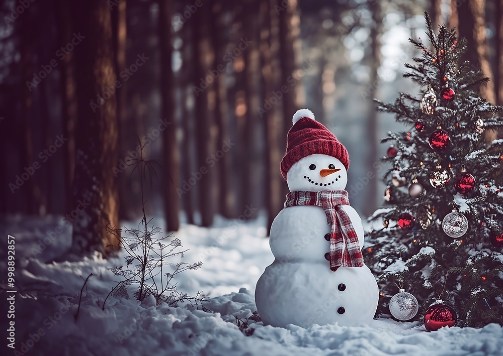 Fototapeta premium a snowman in a hat and scarf, next to a New Year's decorated Christmas tree, stands in the forest, a Christmas card,