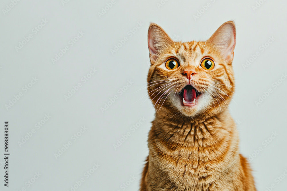 Close-up of an orange tabby cat looking surprised with its mouth open, displaying curiosity or shock against a plain background.
Close-up of an orange tabby cat looking surprised with its mouth open, displaying curiosity or shock against a plain background.