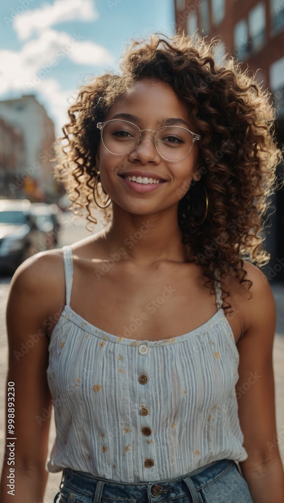 Smiling woman with curly hair and glasses outdoors Smiling woman with curly hair and glasses outdoors