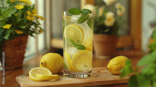 a closeup shot for a refreshing mint lemonade; placed on a wooden board near flower pot.