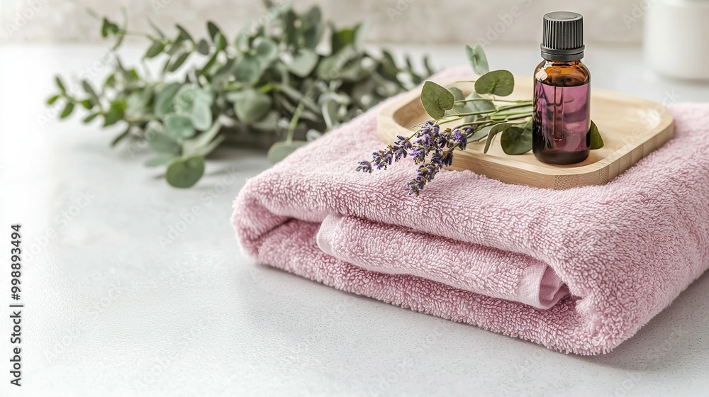 A pink towel with an essential oil bottle on top of it, beside a wooden tray with lavender flowers A pink towel with an essential oil bottle on top of it, beside a wooden tray with lavender flowers