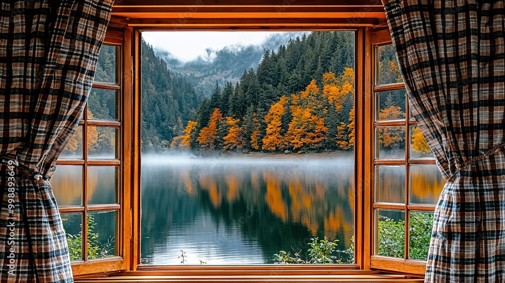 Fototapeta premium A window displaying a lake view with fall-colored trees outside