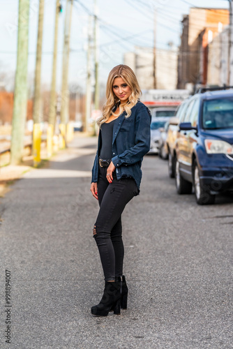 Blonde Beauty Strolls Through Town, Savoring the Crisp Air and Colors of a Perfect Autumn Day