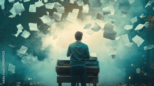 Man Playing Piano Surrounded by Falling Sheet Music