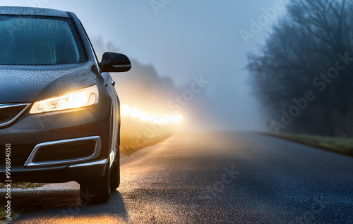 Vehicle parked at the side of a road during a foggy evening 