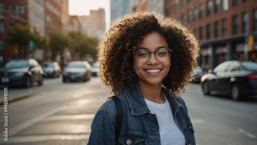 Smiling young woman with backpack on city street