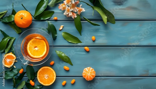 Refreshing summer tangerine tea with slices and leaves, captured from above, exuding soothing cultural vibes against a serene background photo