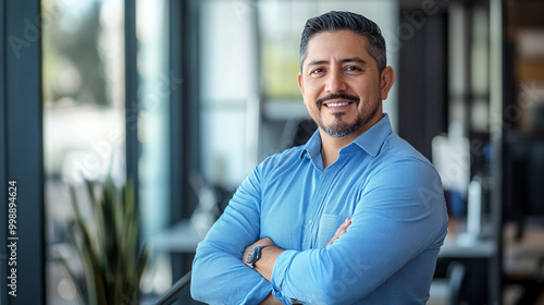 A confident businessman in a modern office environment, smiling with arms crossed, representing leadership, success, and professionalism.