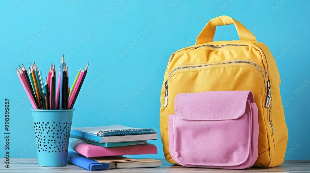 Schoolbag on table with stationery and leaves. Back to school - schoolbag and books with pencils and stationery. Schoolbag on table with stationery and leaves. Back to school - schoolbag and books with pencils and stationery.