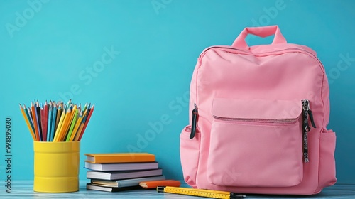 Schoolbag on table with stationery and leaves. Back to school - schoolbag and books with pencils and stationery.