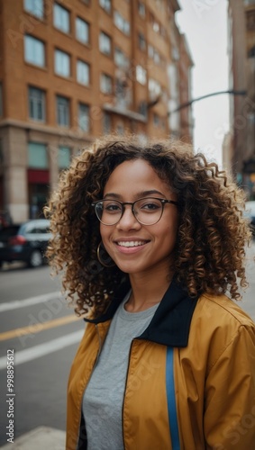 Woman in yellow jacket smiling on city street