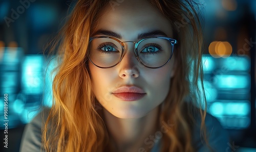  Female cyber security analyst analyzing AI cyberspace threats on computer in dark tech office data centre. Blue lighting. IT specialist ethical hacking 