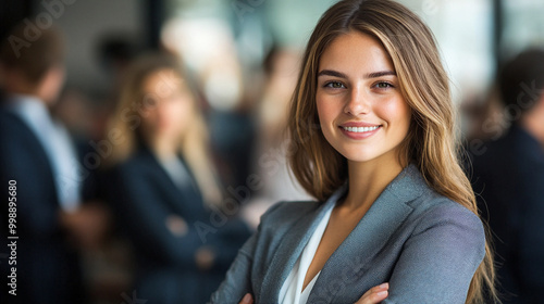 A smiling businesswoman in a light suit stands confidently with colleagues in the background, representing leadership, teamwork, and professionalism.