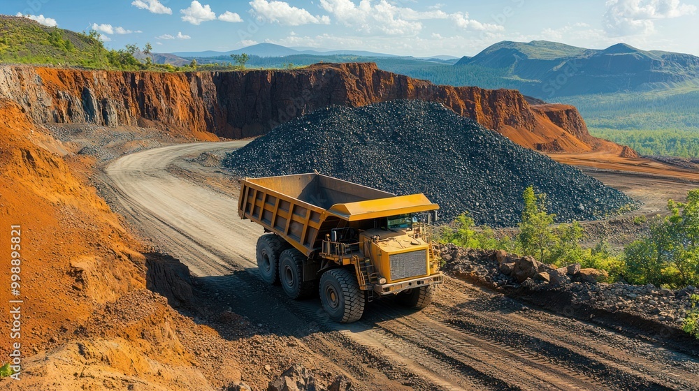 Dump truck fleet in a stone and rock transport mine, A fleet of heavy-duty trucks operates in a mining site. Dump truck fleet in a stone and rock transport mine, A fleet of heavy-duty trucks operates in a mining site.