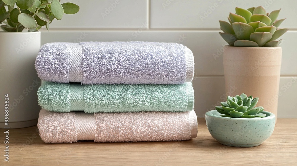 A pile of towels resting atop a wooden table alongside a pot and succulent A pile of towels resting atop a wooden table alongside a pot and succulent